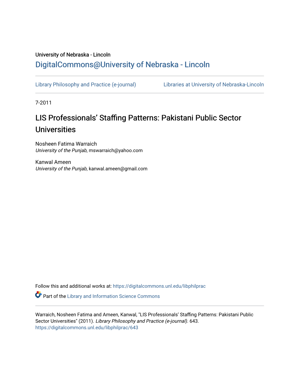 LIS Professionalsâ•Ž Staffing Patterns: Pakistani Public Sector Universities