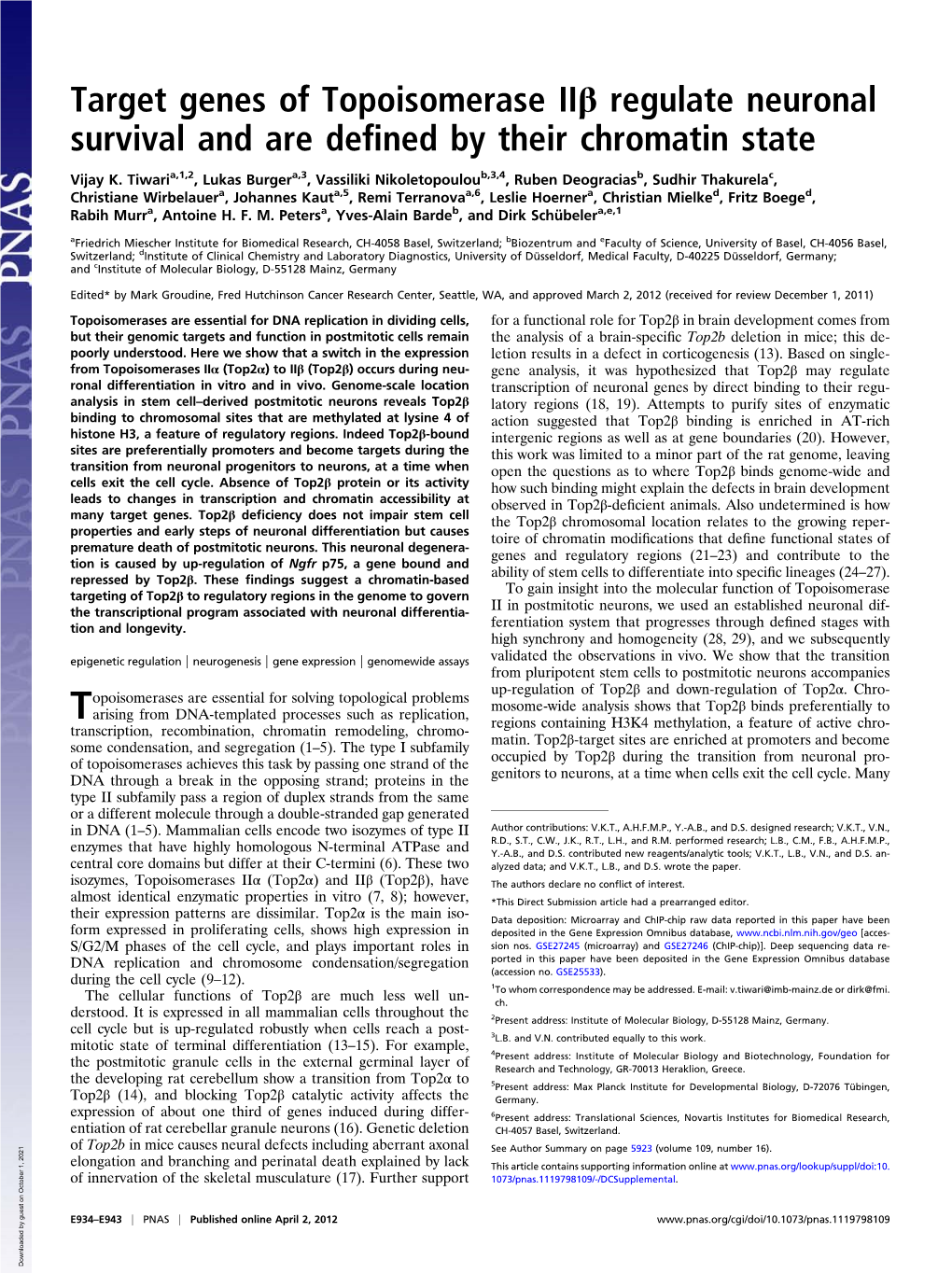 Target Genes of Topoisomerase Iiβ Regulate Neuronal Survival and Are Deﬁned by Their Chromatin State