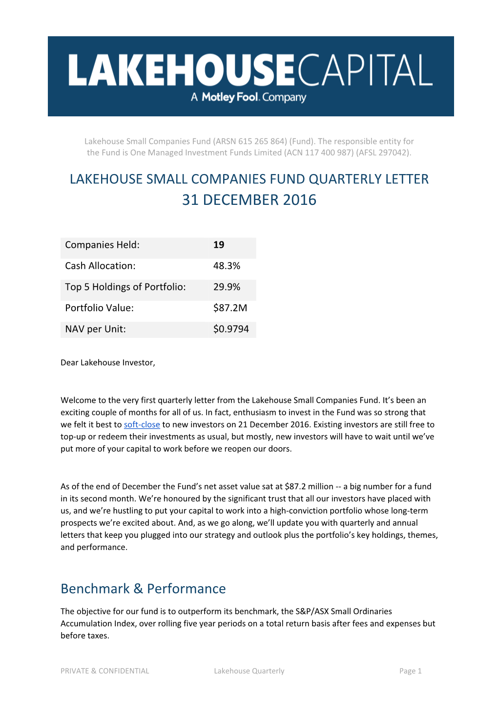 Lakehouse Small Companies Fund Quarterly Letter 31 December 2016