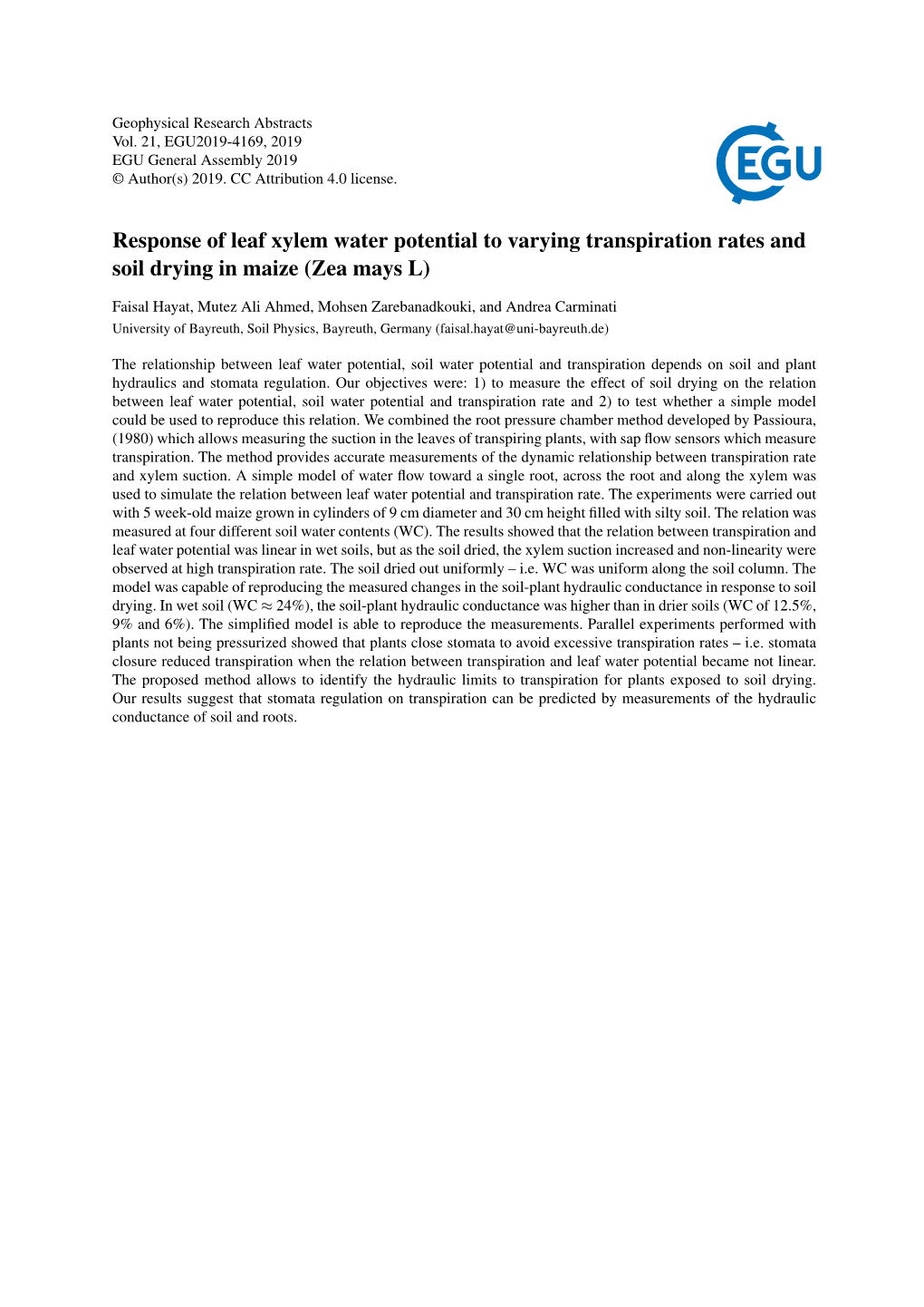 Response of Leaf Xylem Water Potential to Varying Transpiration Rates and Soil Drying in Maize (Zea Mays L)