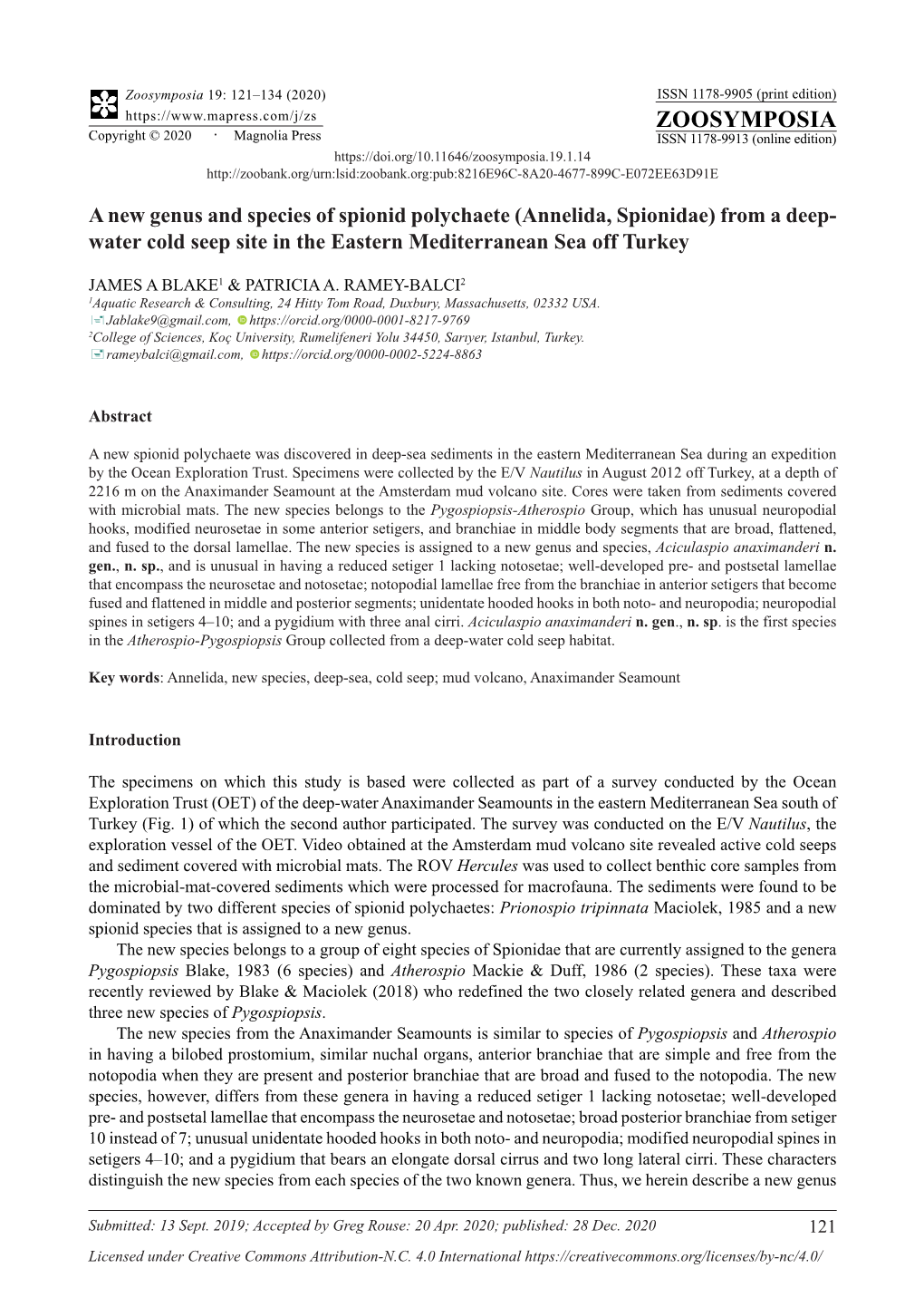 A New Genus and Species of Spionid Polychaete (Annelida, Spionidae) from a Deep- Water Cold Seep Site in the Eastern Mediterranean Sea Off Turkey