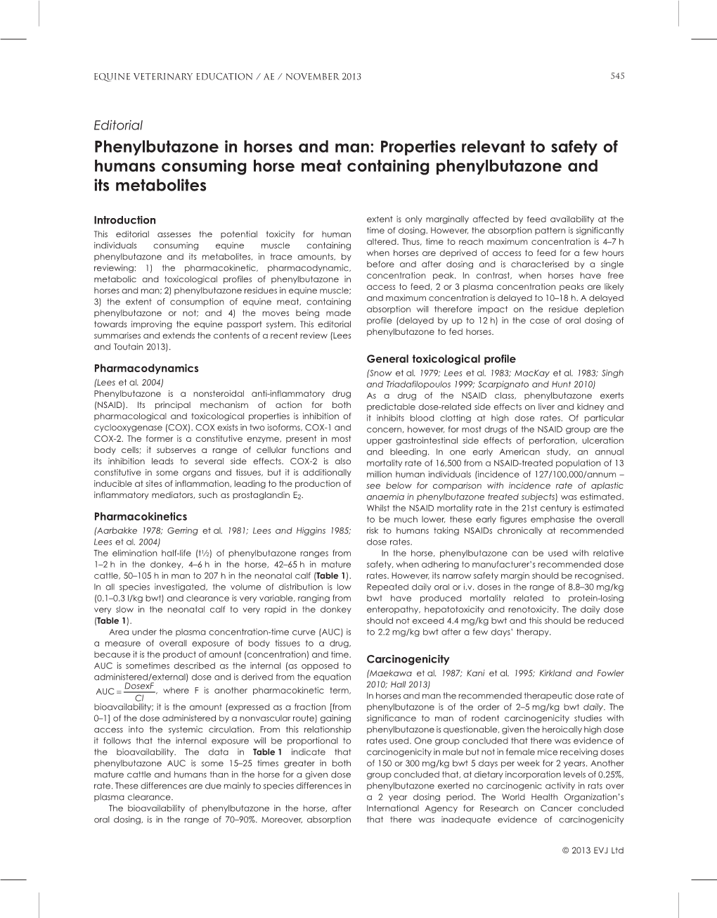 Phenylbutazone in Horses and Man: Properties Relevant to Safety of Humans Consuming Horse Meat Containing Phenylbutazone and Its Metabolites