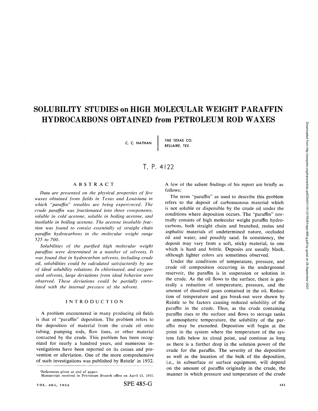 Solubility Studies on High Molecular Weight Paraffin Hydrocarbons