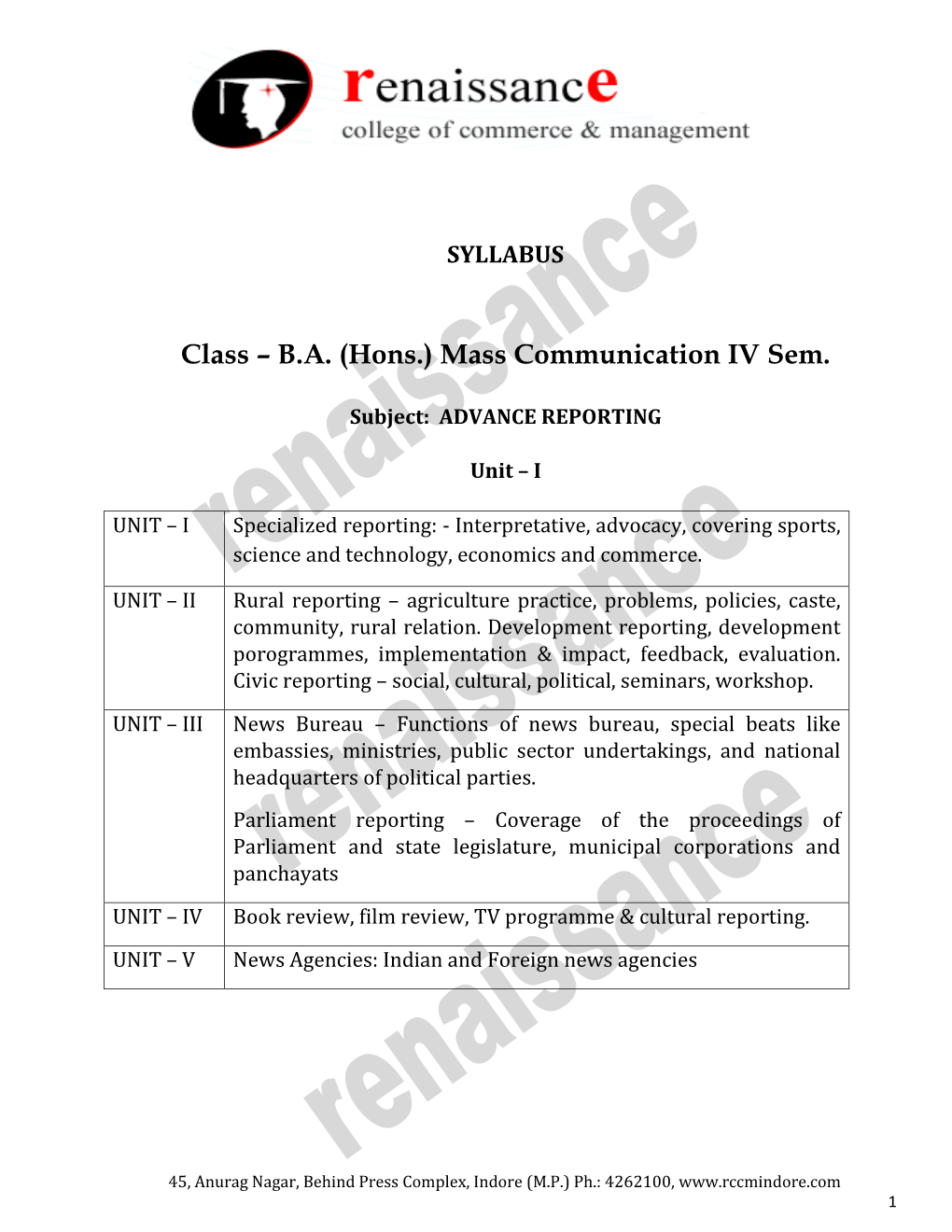 Class – B.A. (Hons.) Mass Communication IV Sem