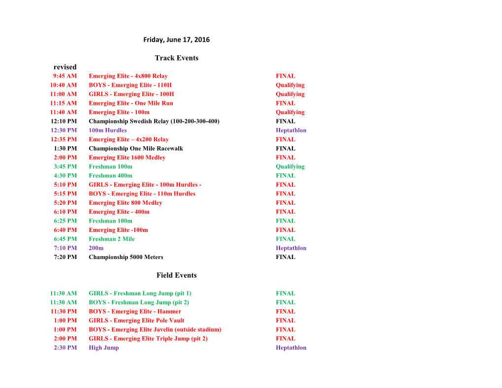 Friday, June 17, 2016 Track Events Revised Field Events