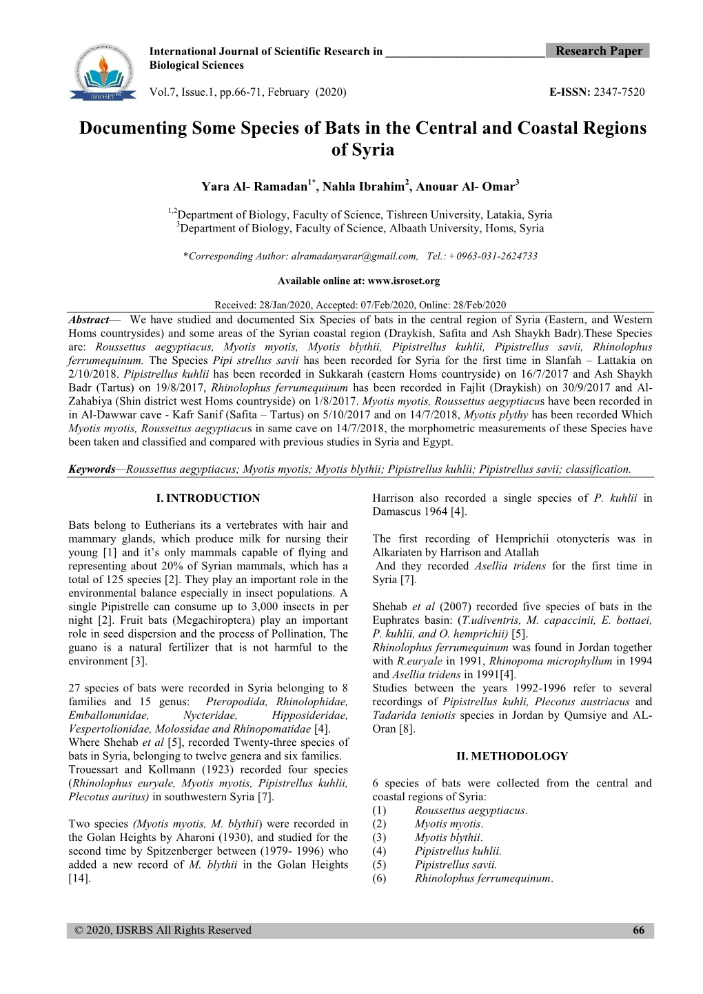 Documenting Some Species of Bats in the Central and Coastal Regions of Syria