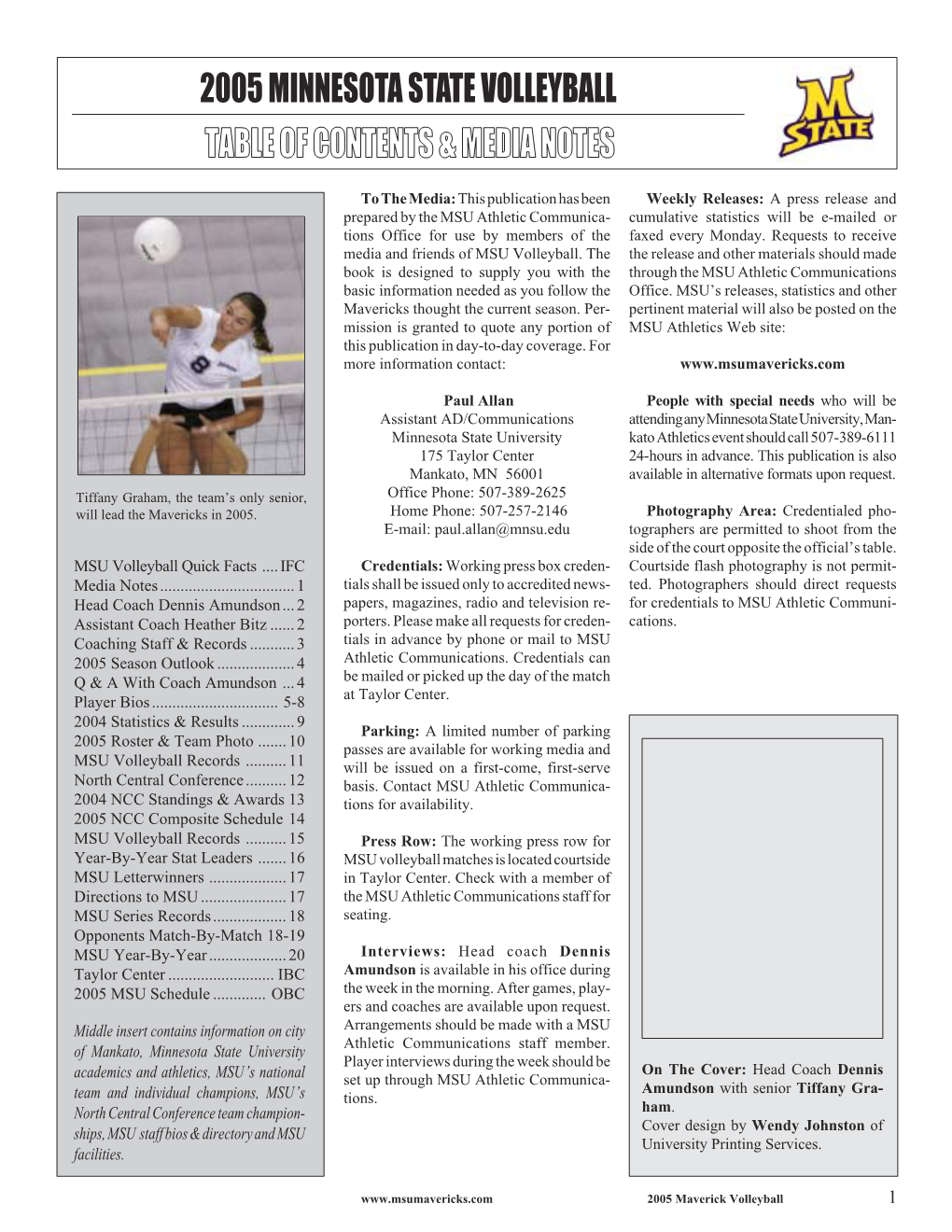 2005 Minnesota State Volleyball Table of Contents & Media Notes