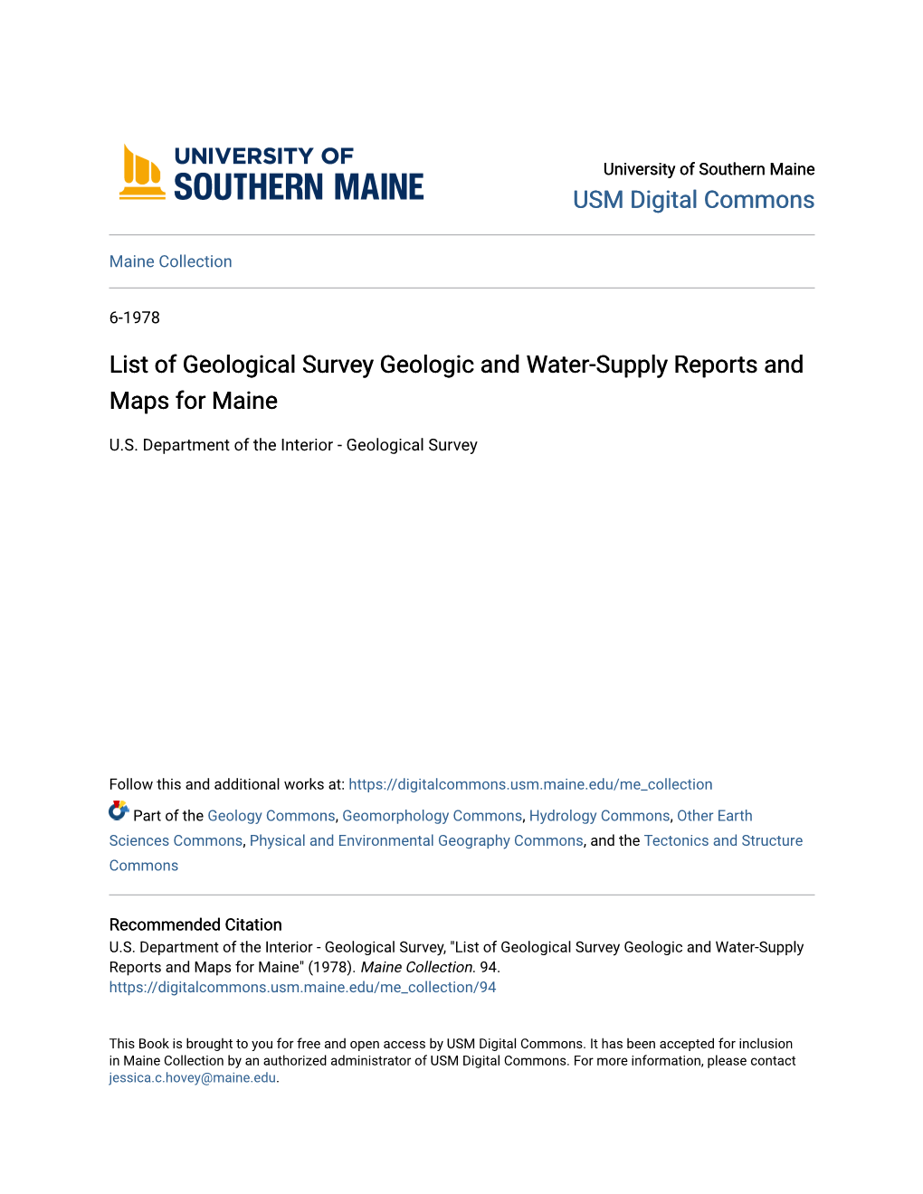 List of Geological Survey Geologic and Water-Supply Reports and Maps for Maine