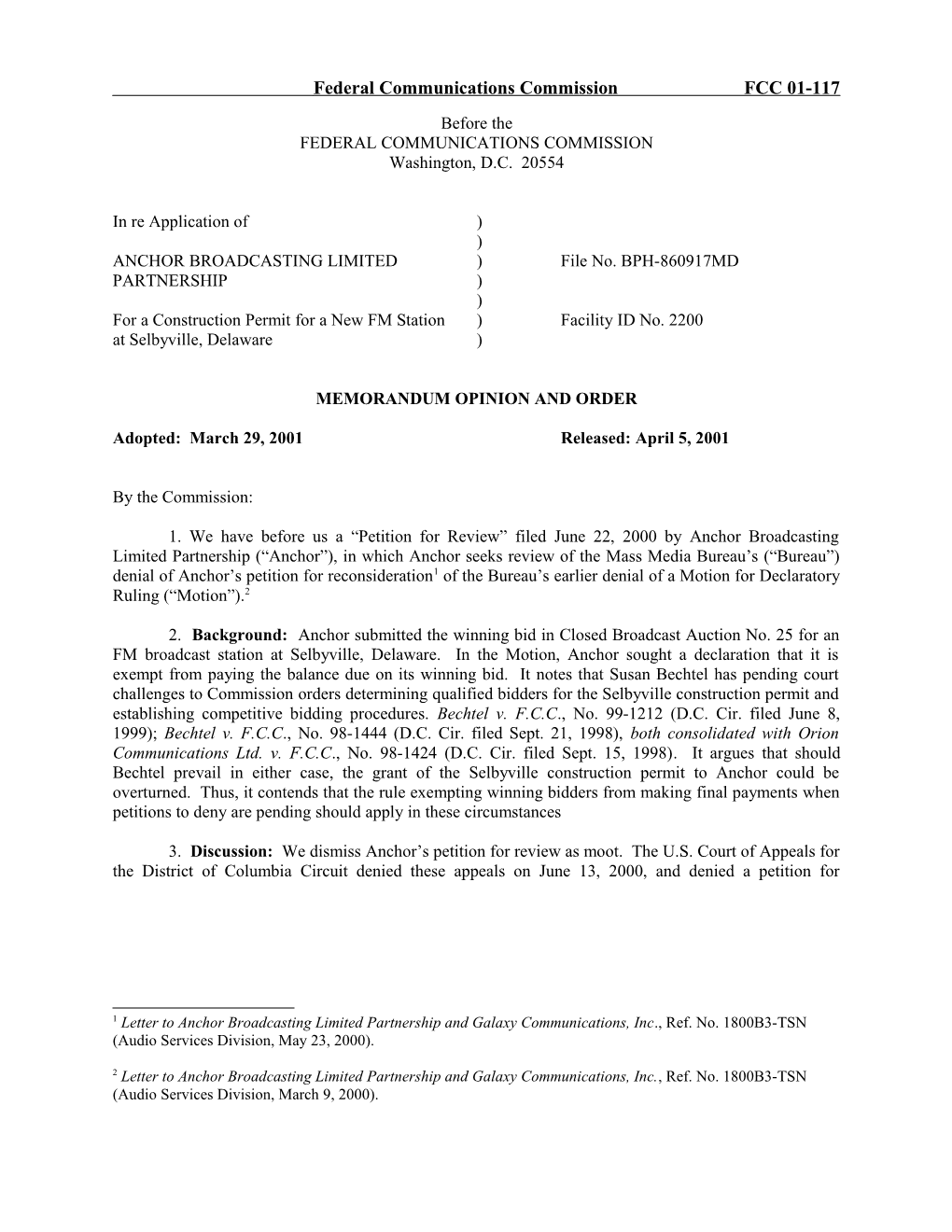 Federal Communications Commission FCC 01-117