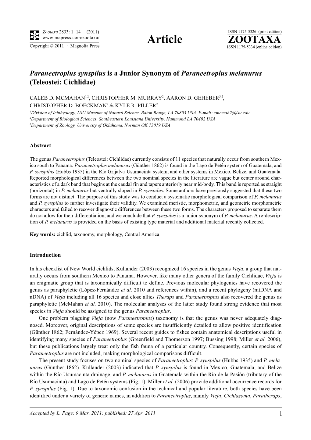 Paraneetroplus Synspilus Is a Junior Synonym of Paraneetroplus Melanurus (Teleostei: Cichlidae)