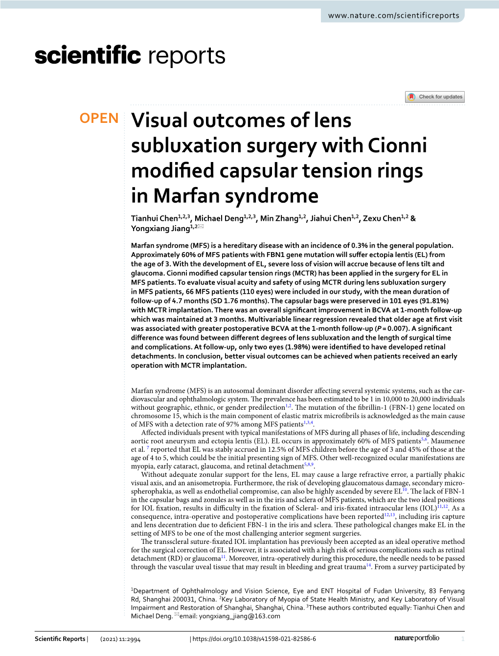 Visual Outcomes of Lens Subluxation Surgery with Cionni Modified Capsular Tension Rings in Marfan Syndrome