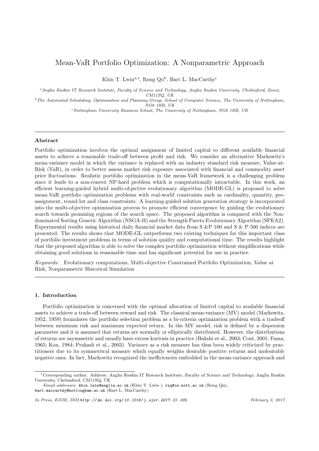 Mean-Var Portfolio Optimization: a Nonparametric Approach