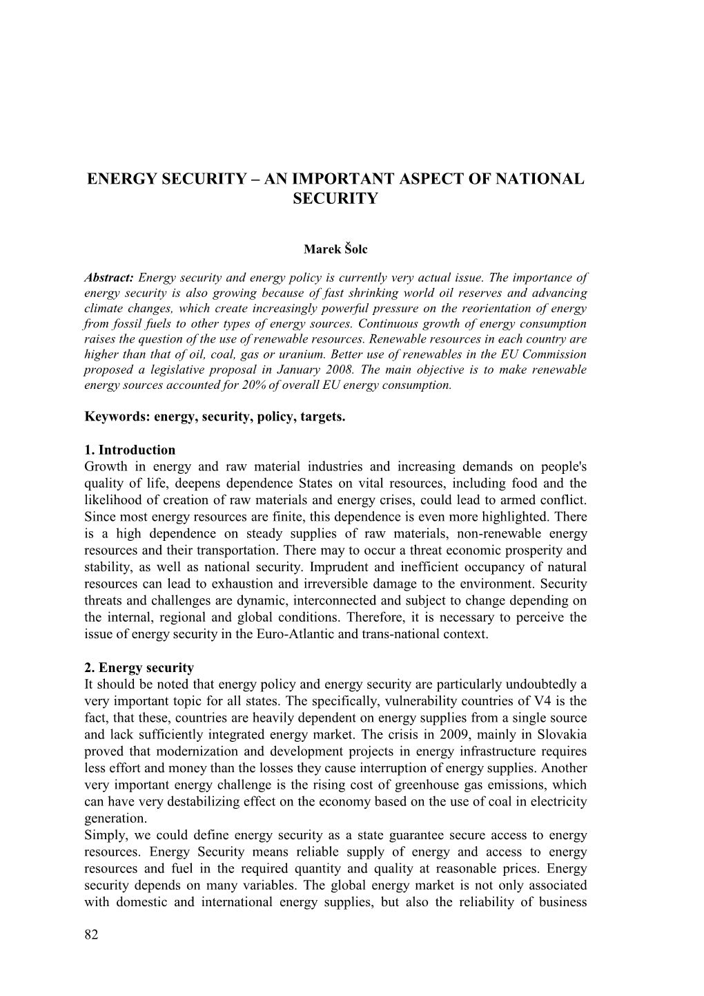 Energy Security – an Important Aspect of National Security