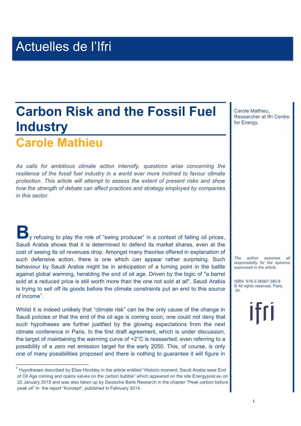 Carbon Risk and the Fossil Fuel Industry Actuelles De L'ifri