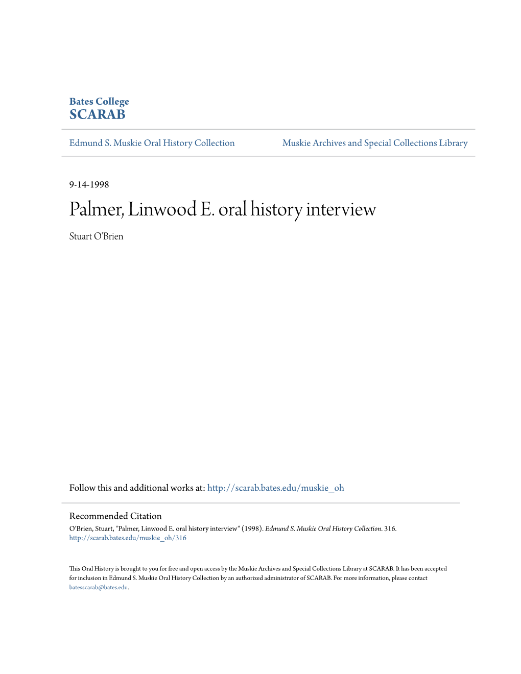 Palmer, Linwood E. Oral History Interview Stuart O'brien