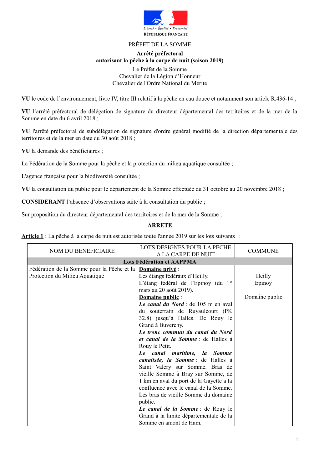 PRÉFET DE LA SOMME Arrêté Préfectoral Autorisant La Pêche À La
