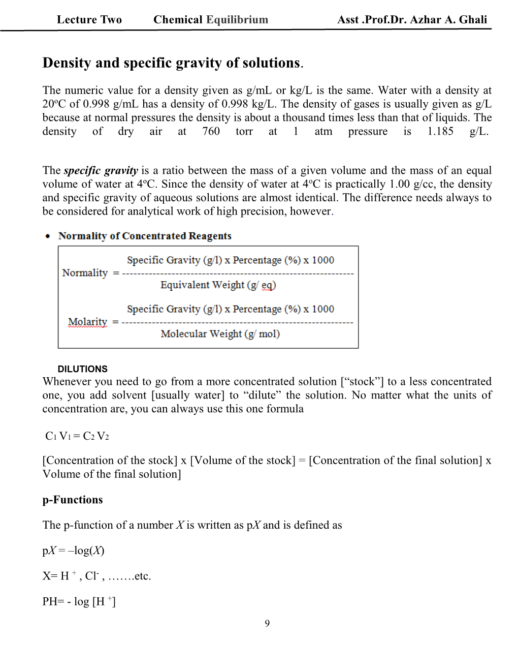 Density and Specific Gravity of Solutions