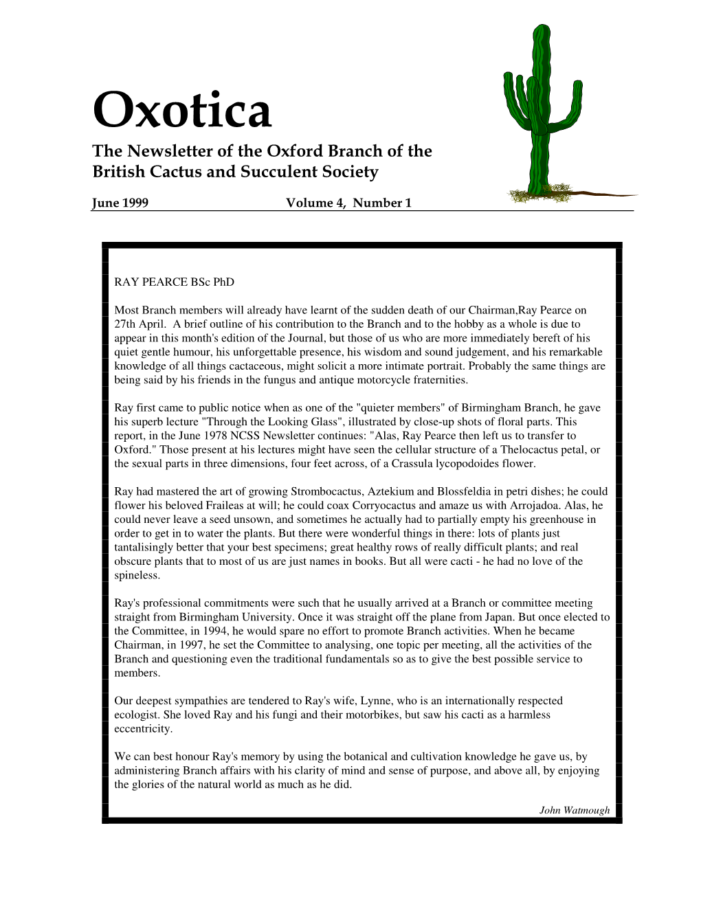 Oxotica the Newsletter of the Oxford Branch of the British Cactus and Succulent Society