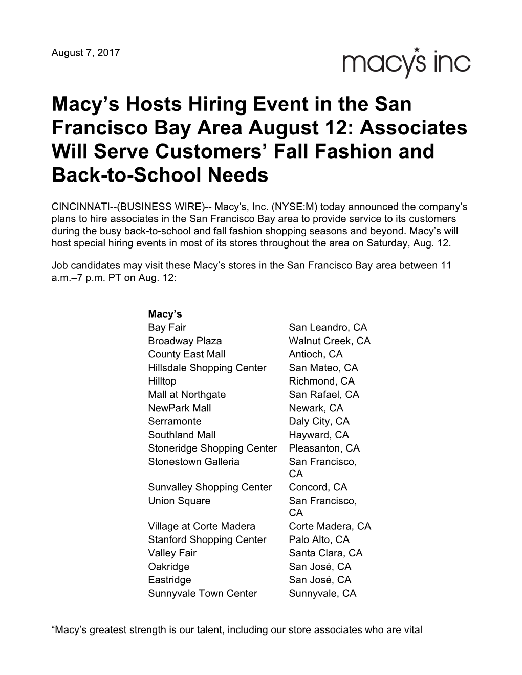 Macy's Hosts Hiring Event in the San Francisco Bay Area August 12