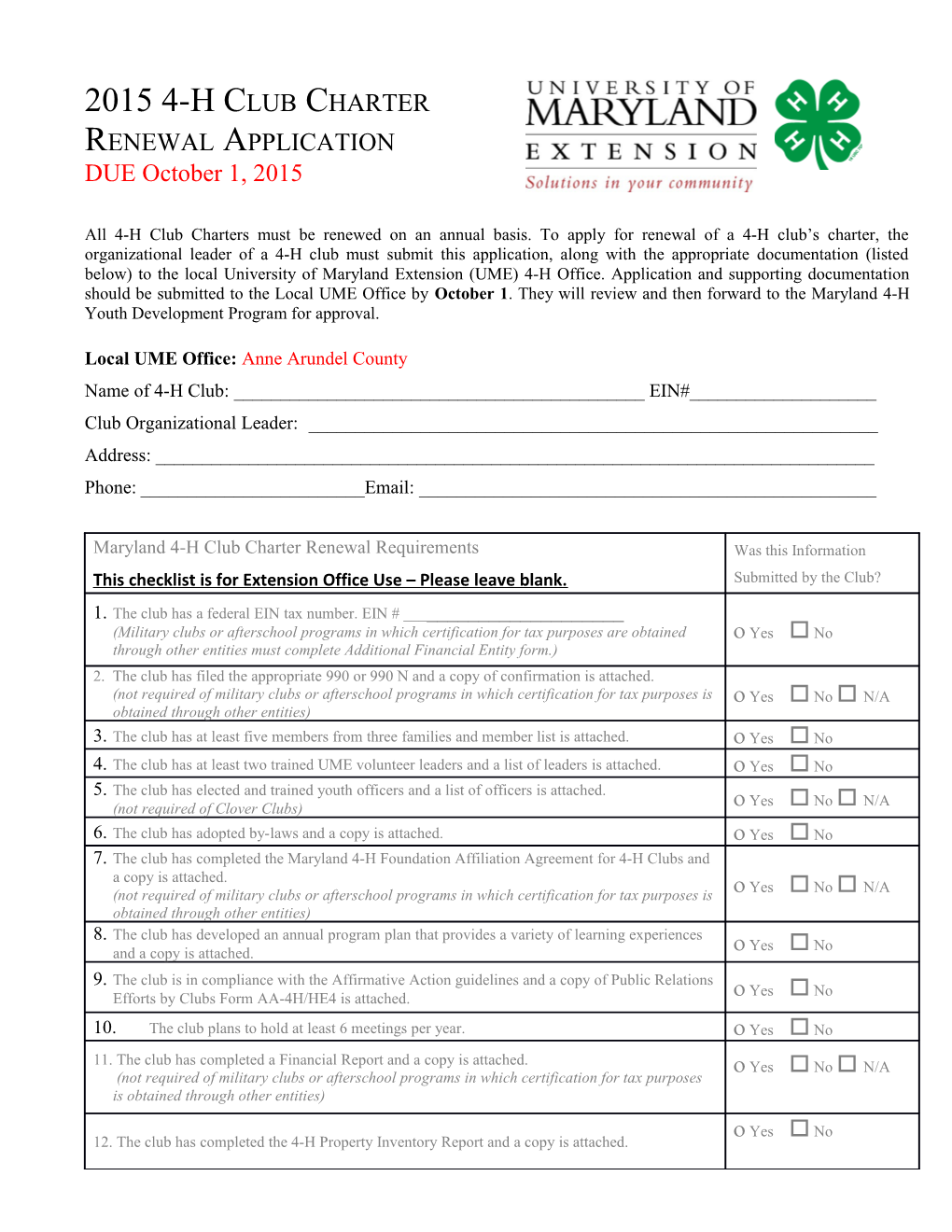 4-H Club Information Sheet