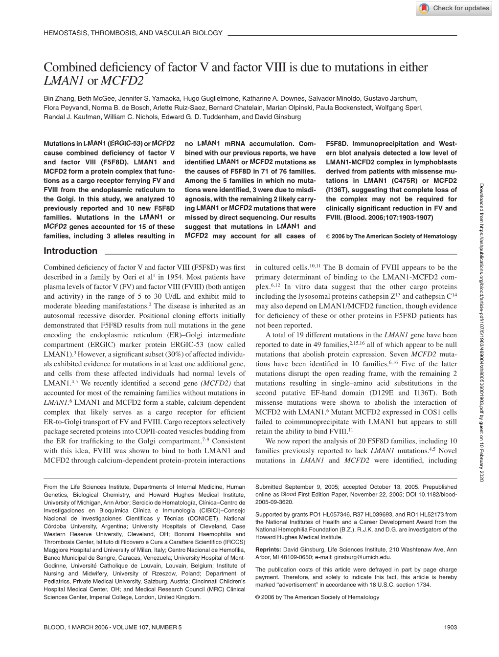 Combined Deficiency of Factor V and Factor VIII Is Due to Mutations In