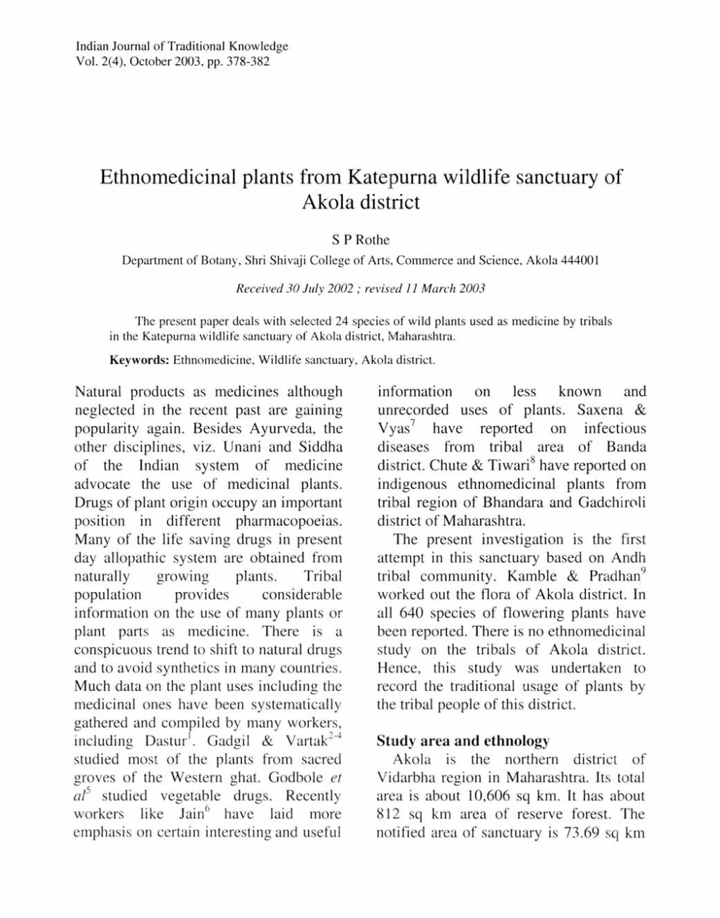 Ethnomedicinal Plants from Katepurna Wildlife Sanctuary of Akola District