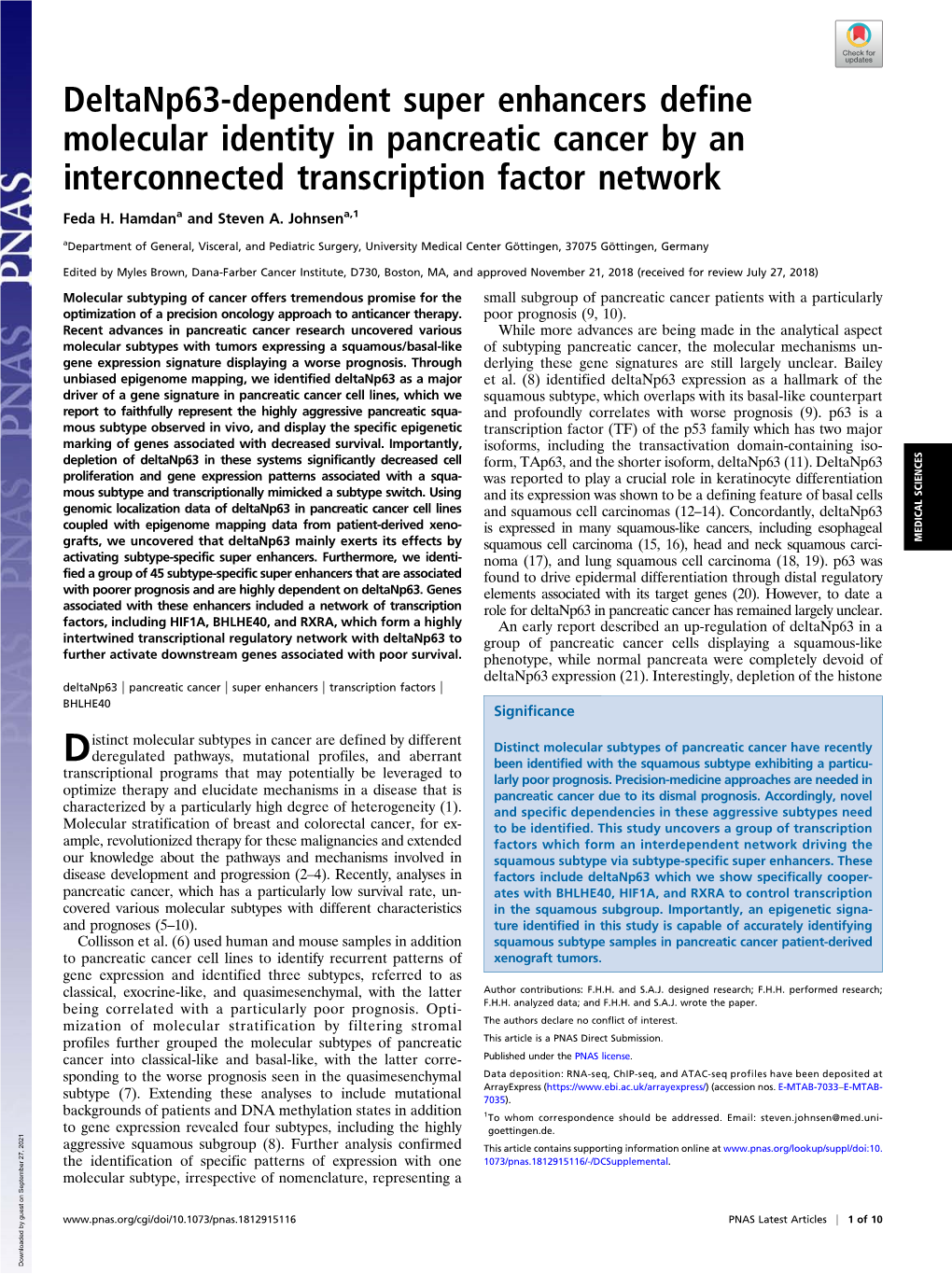 Deltanp63-Dependent Super Enhancers Define Molecular Identity in Pancreatic Cancer by an Interconnected Transcription Factor Network