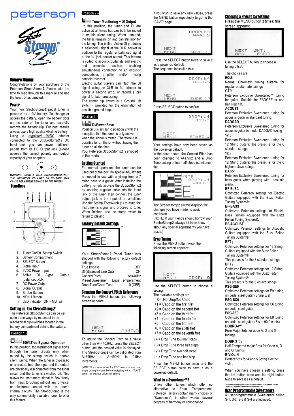 Peterson the MENU Button Repeatedly to Get to the Choosing a Preset Sweetener Tuner Monitoring + DI Output “SAVE“ Page: Press the MENU Button 3 Times; This