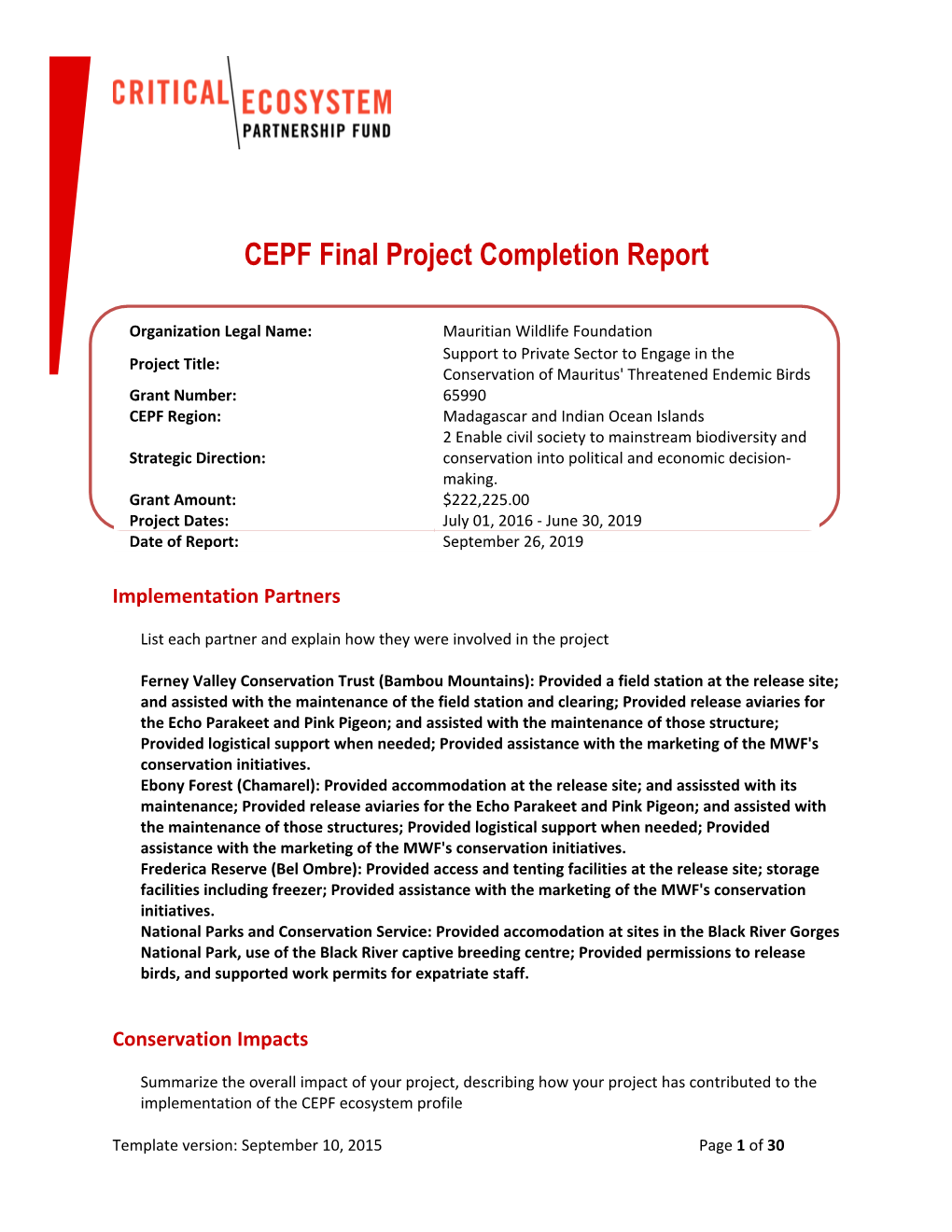 CEPF Final Project Completion Report