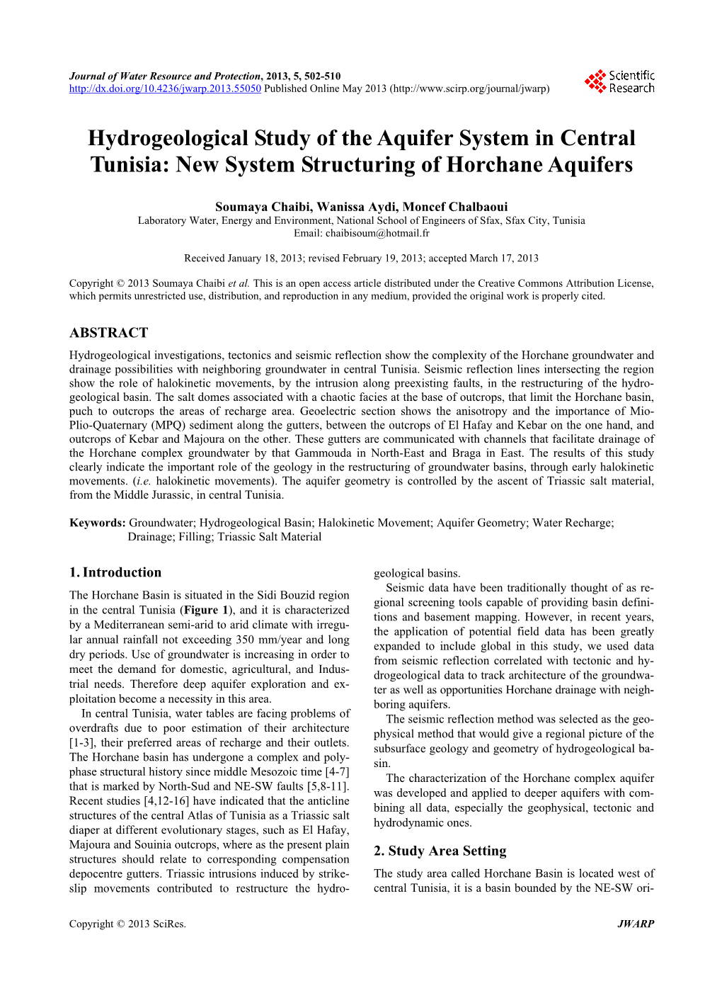 Hydrogeological Study of the Aquifer System in Central Tunisia: New System Structuring of Horchane Aquifers