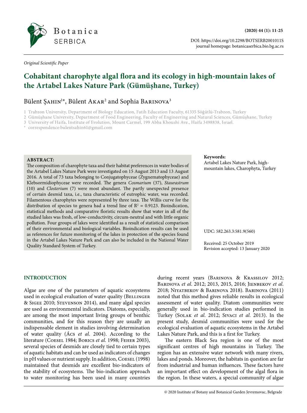 Cohabitant Charophyte Algal Flora and Its Ecology in High-Mountain Lakes of the Artabel Lakes Nature Park (Gümüşhane, Turkey)