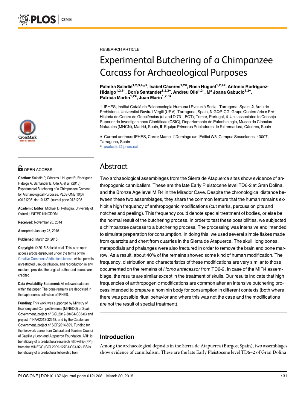 Experimental Butchering of a Chimpanzee Carcass for Archaeological Purposes