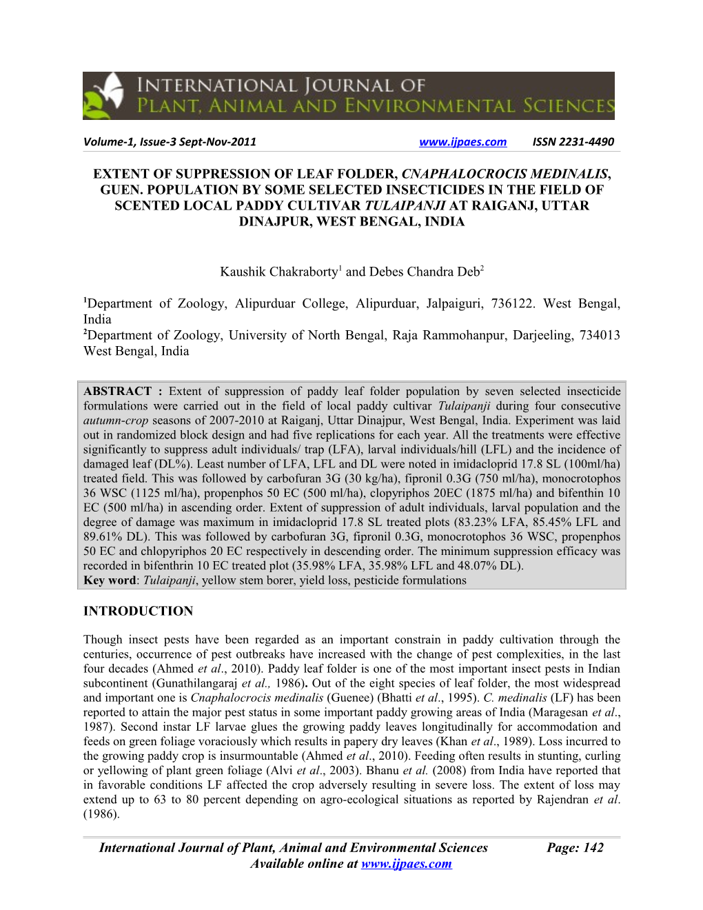 Extent of Suppression of Leaf Folder, Cnaphalocrocis Medinalis, Guen