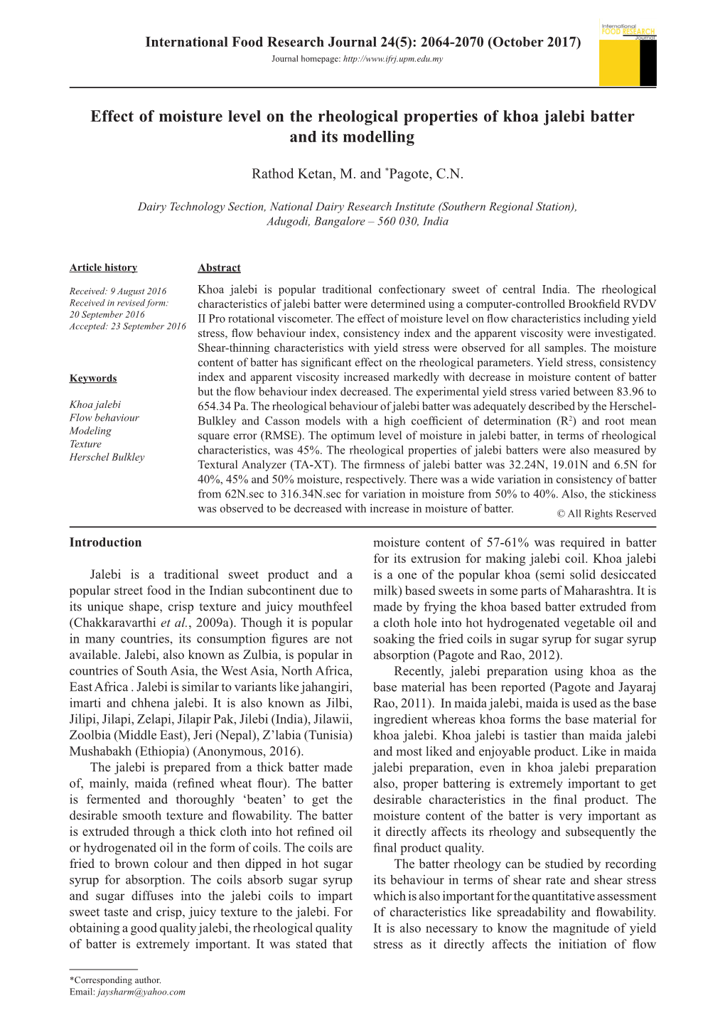 Effect of Moisture Level on the Rheological Properties of Khoa Jalebi Batter and Its Modelling