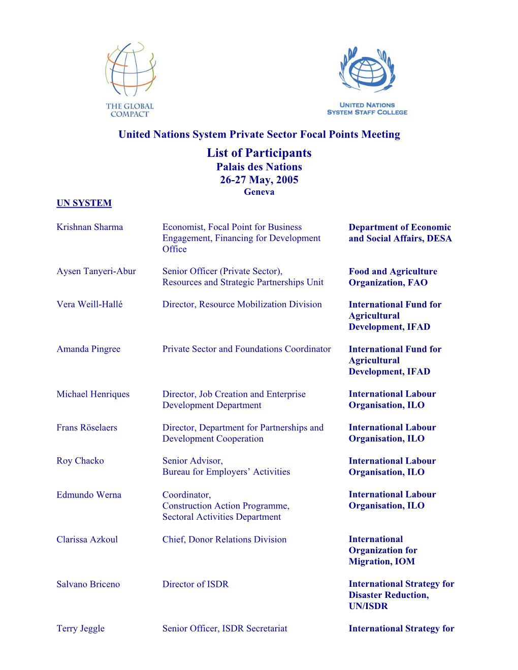List of Participants Palais Des Nations 26-27 May, 2005 Geneva UN SYSTEM