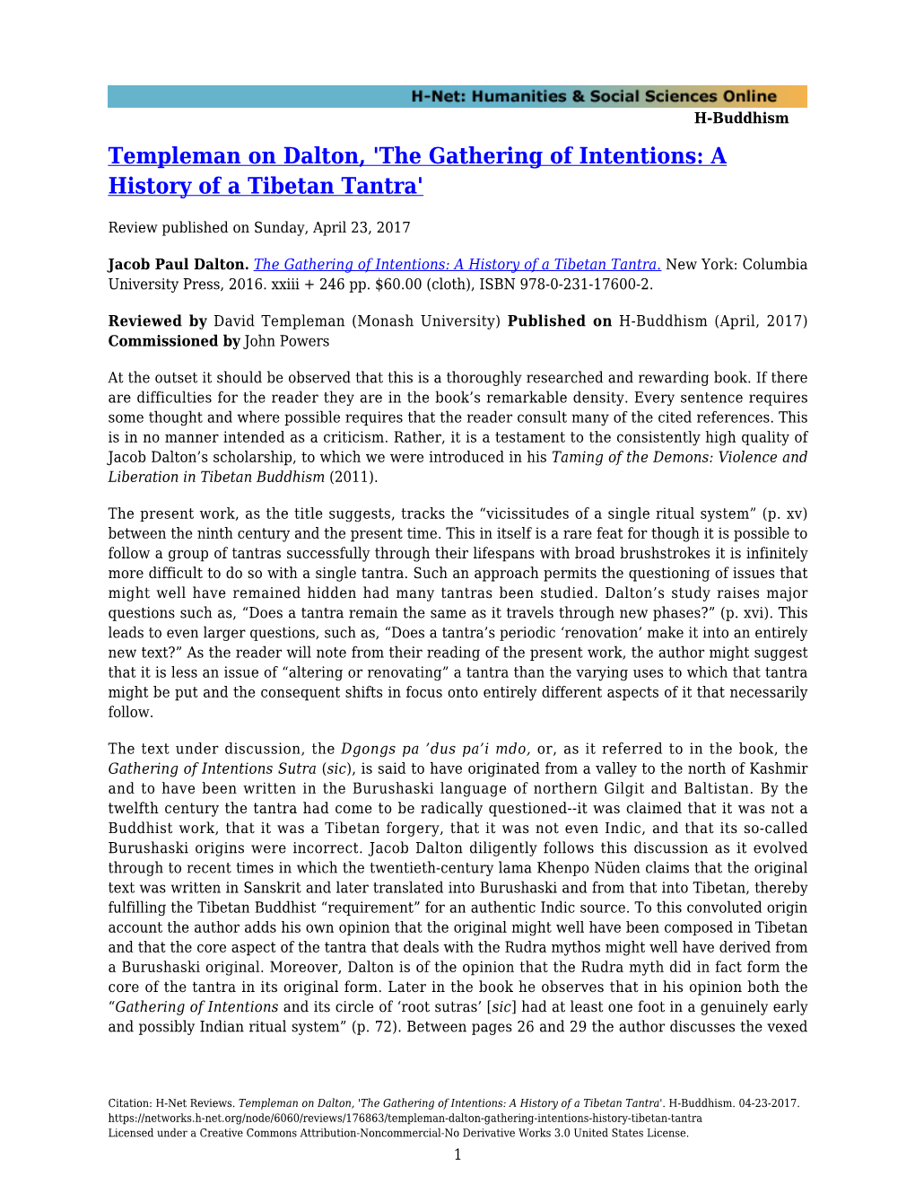 Templeman on Dalton, 'The Gathering of Intentions: a History of a Tibetan Tantra'