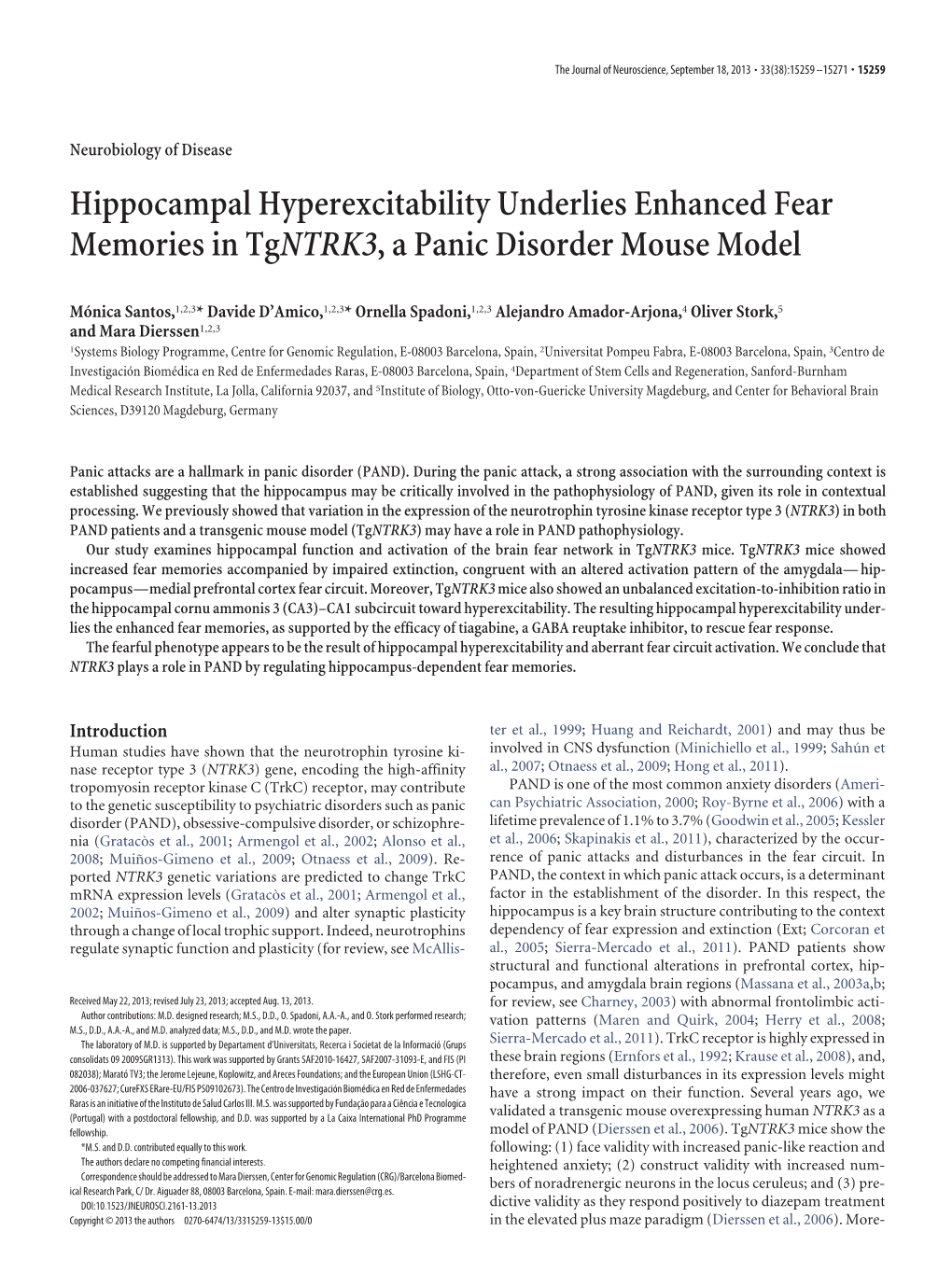 Hippocampal Hyperexcitability Underlies Enhanced Fear Memories in Tgntrk3, a Panic Disorder Mouse Model