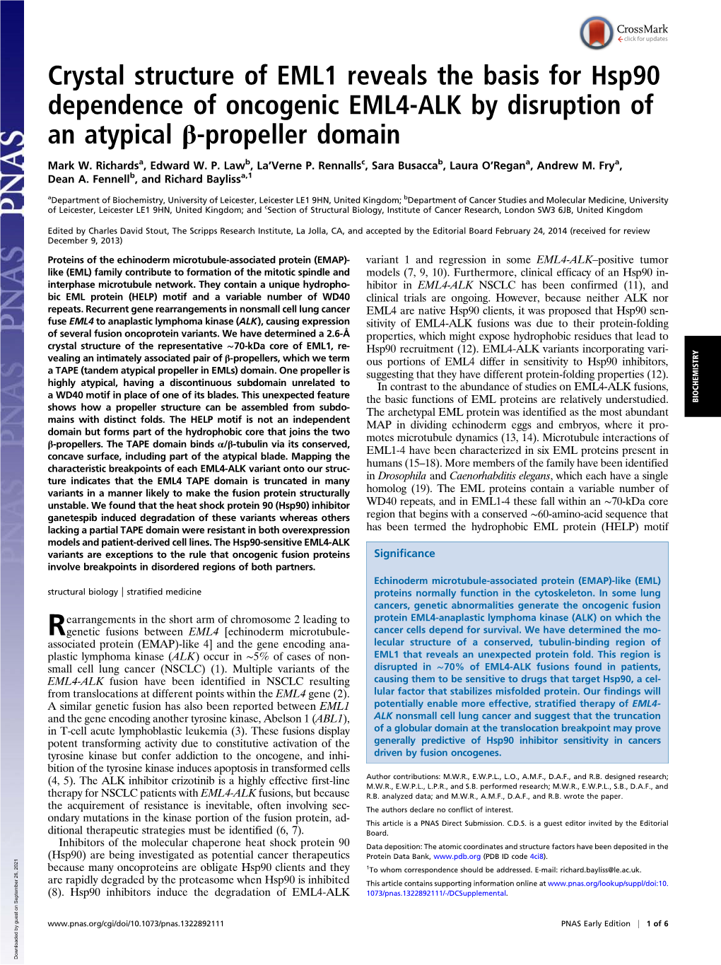 Crystal Structure of EML1 Reveals the Basis for Hsp90 Dependence of Oncogenic EML4-ALK by Disruption of an Atypical Β-Propeller Domain