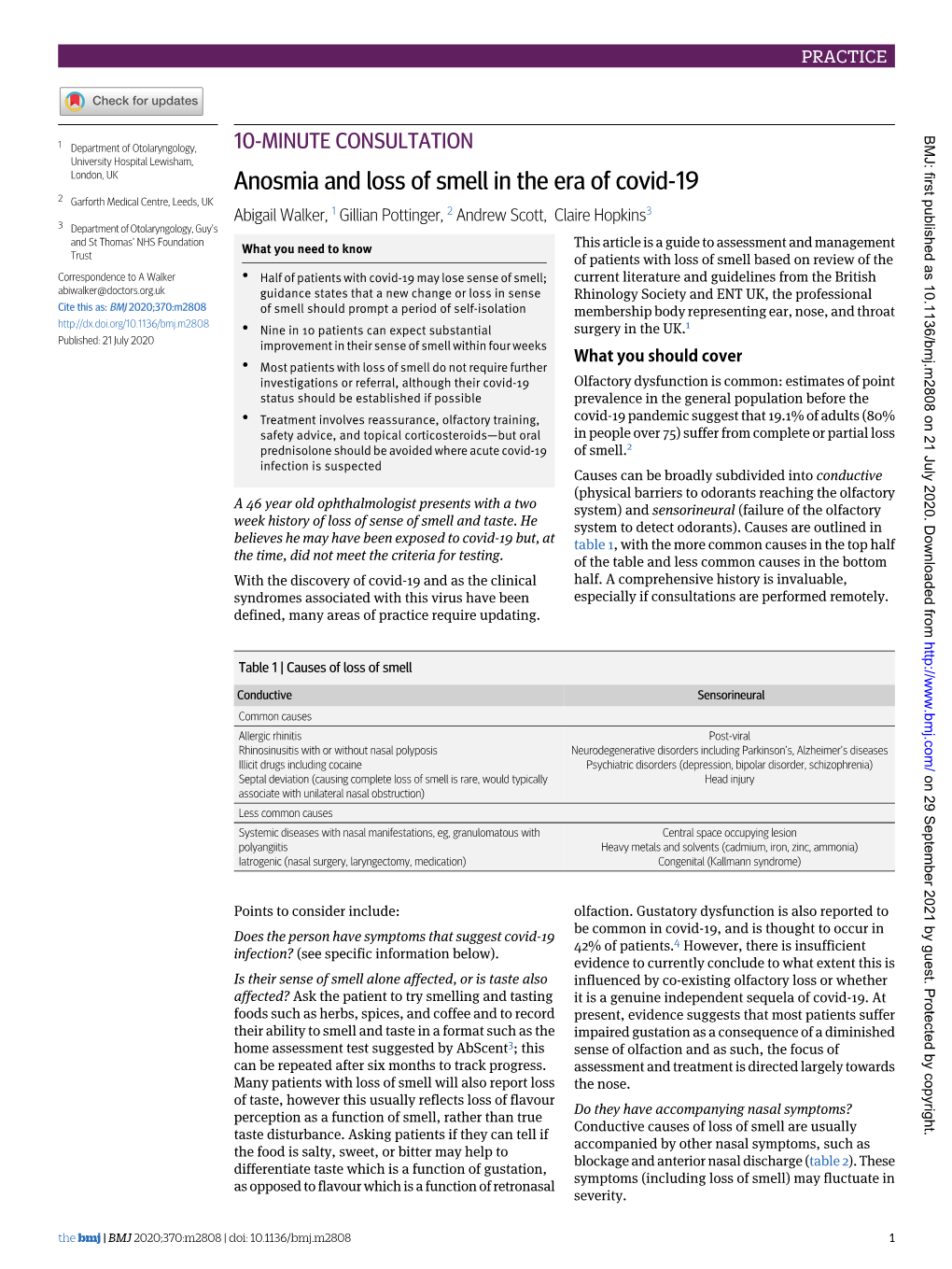 Anosmia and Loss of Smell in the Era of Covid-19