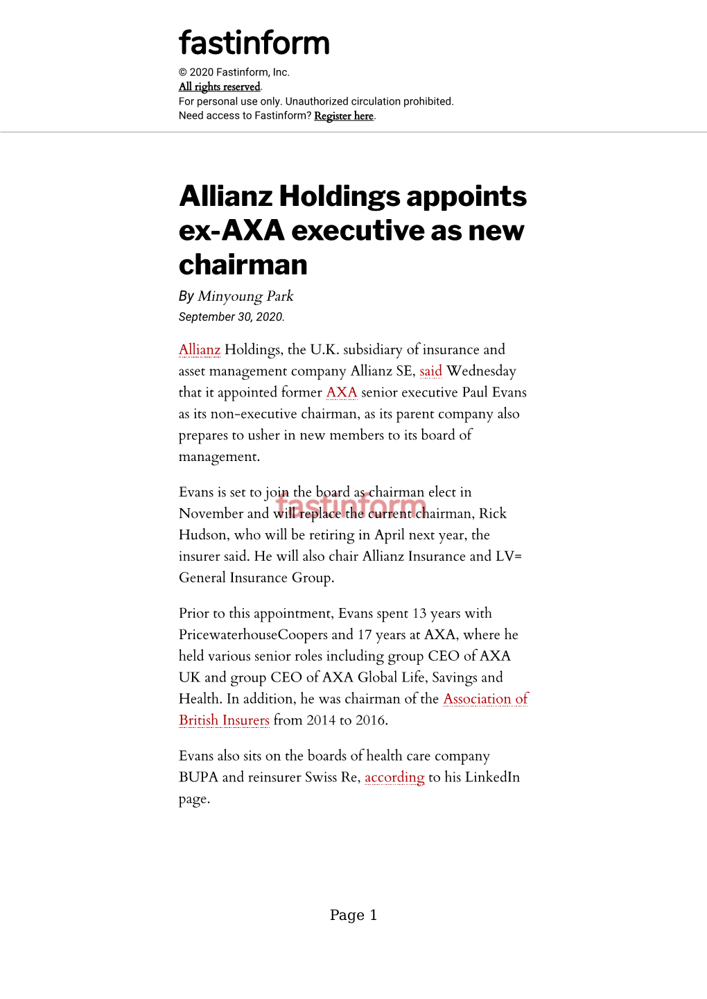 Allianz Holdings Appoints Ex-AXA Executive As New Chairman by Minyoung Park September 30, 2020