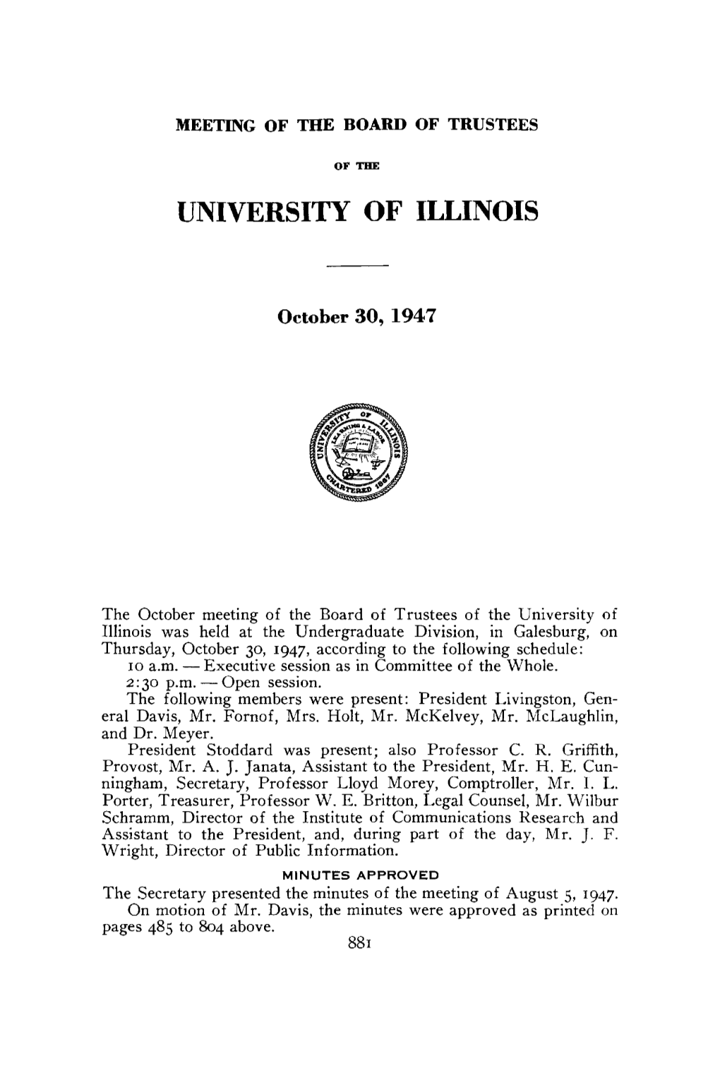 October 30, 1947, Minutes | UI Board of Trustees