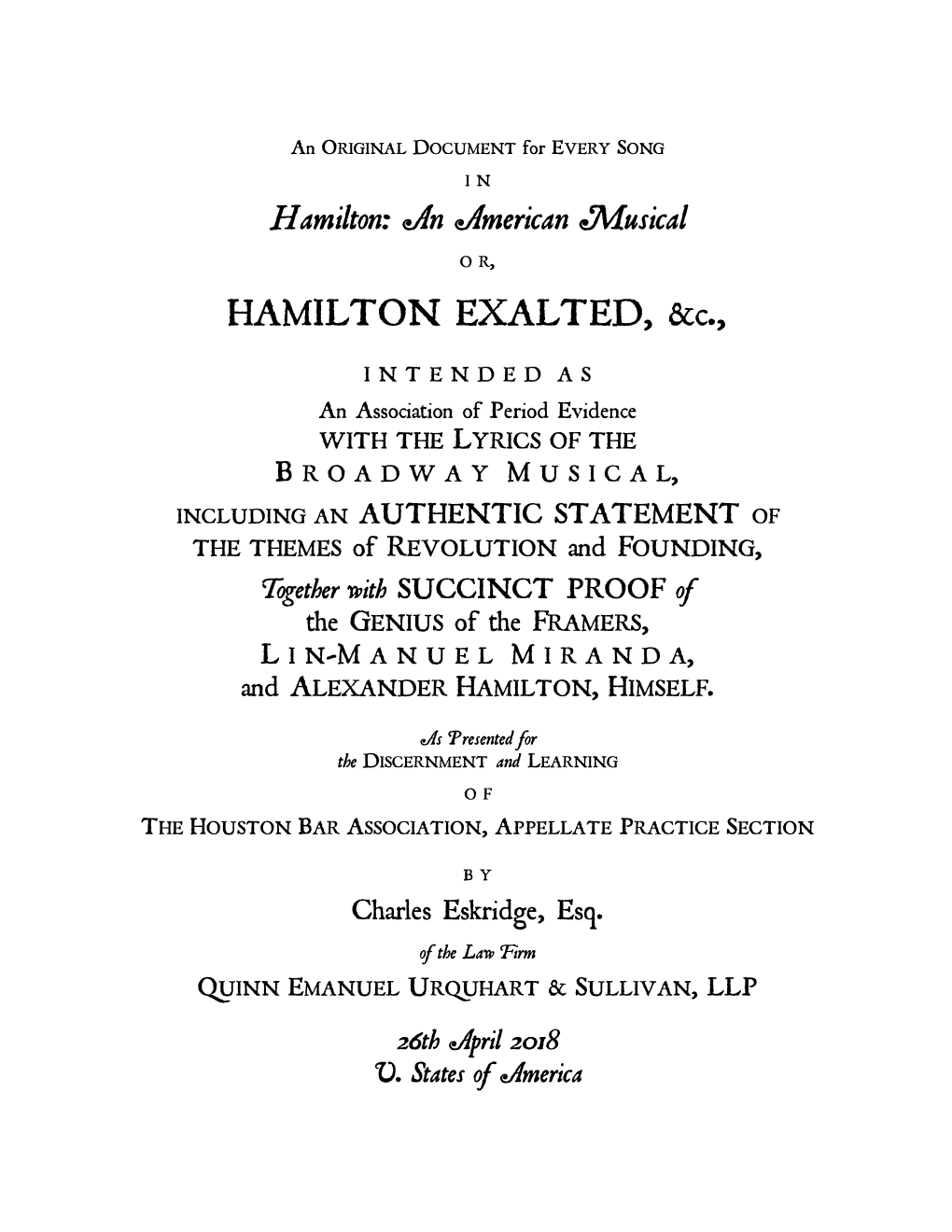 HAMILTON EXALTED, &C