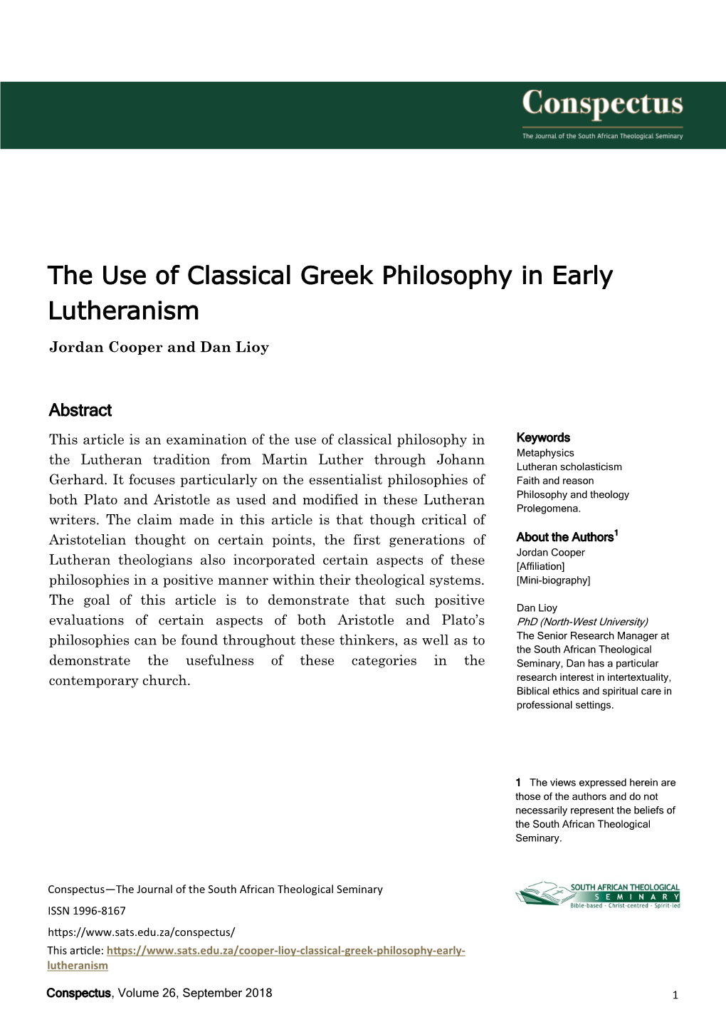 The Use of Classical Greek Philosophy in Early Lutheranism