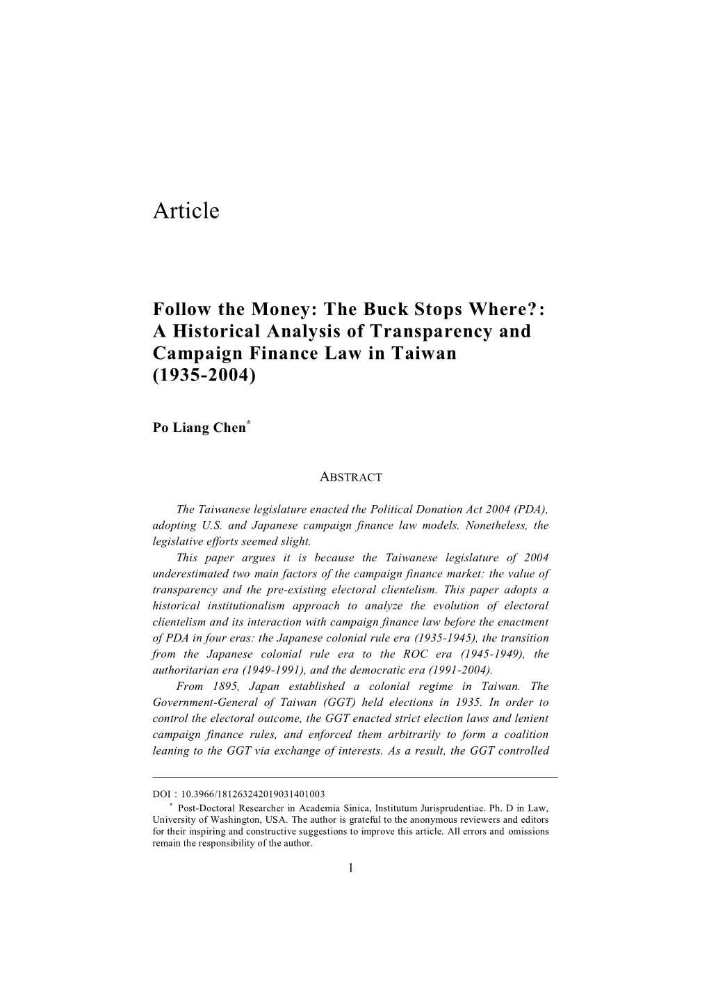 A Historical Analysis of Transparency and Campaign Finance Law in Taiwan (1935-2004)