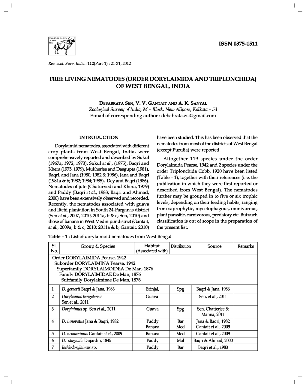 (ORDER DORYLAIMIDA and TRIPLONCHIDA) of WEST BENGAL, INDIA Spg