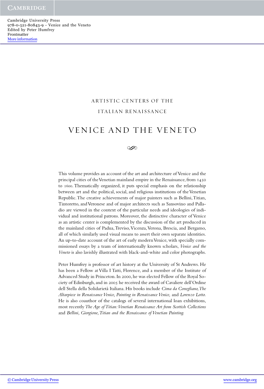 Venice and the Veneto Edited by Peter Humfrey Frontmatter More Information