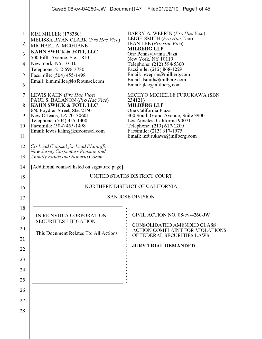 In Re Nvidia Corporation Securities Litigation 08-CV-04260-Consolidated Amended Class Action Complaint for Violations of Federal