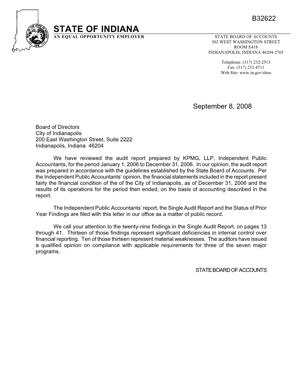 State of Indiana an Equal Opportunity Employer State Board of Accounts 302 West Washington Street Room E418 Indianapolis, Indiana 46204-2765