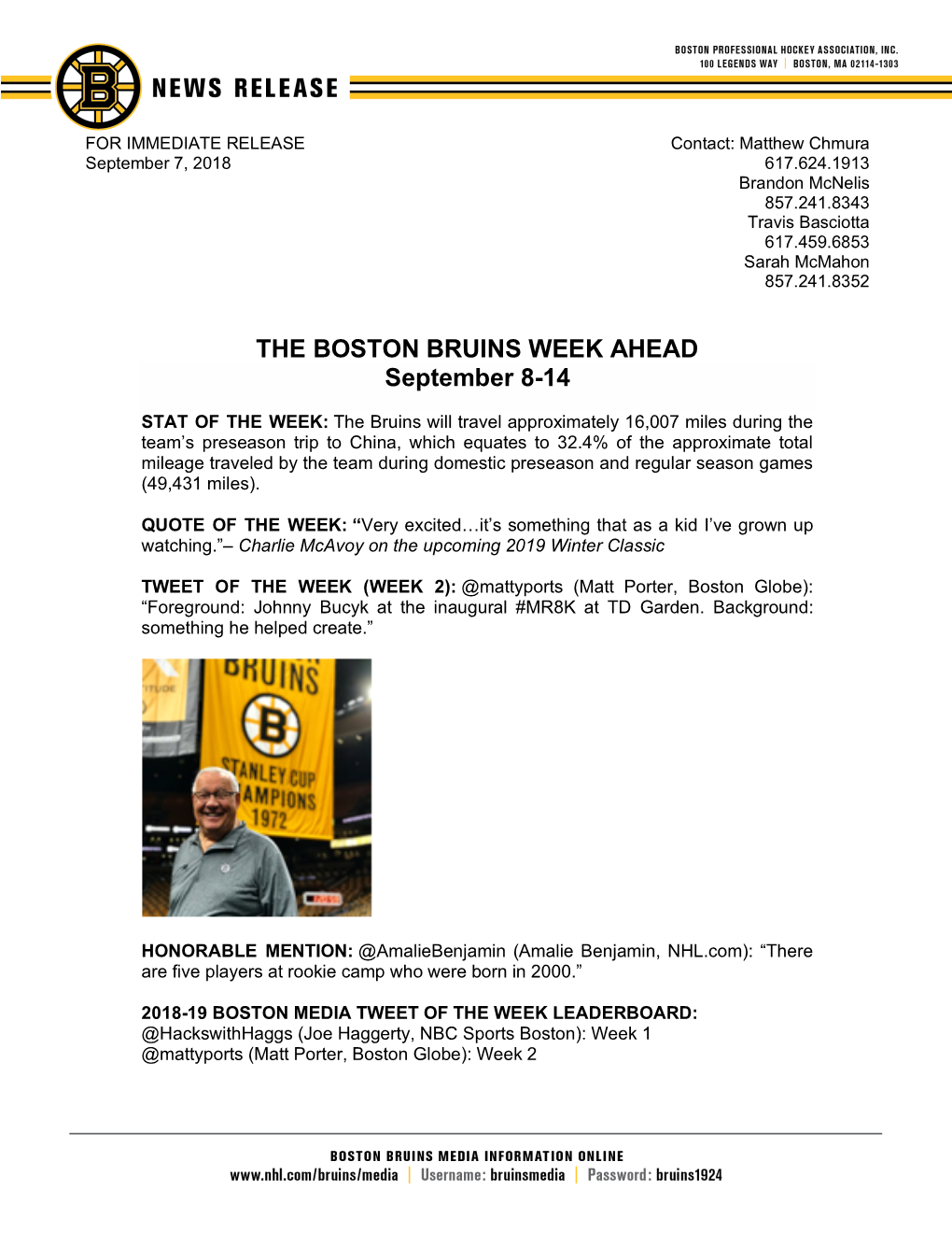 THE BOSTON BRUINS WEEK AHEAD September 8-14