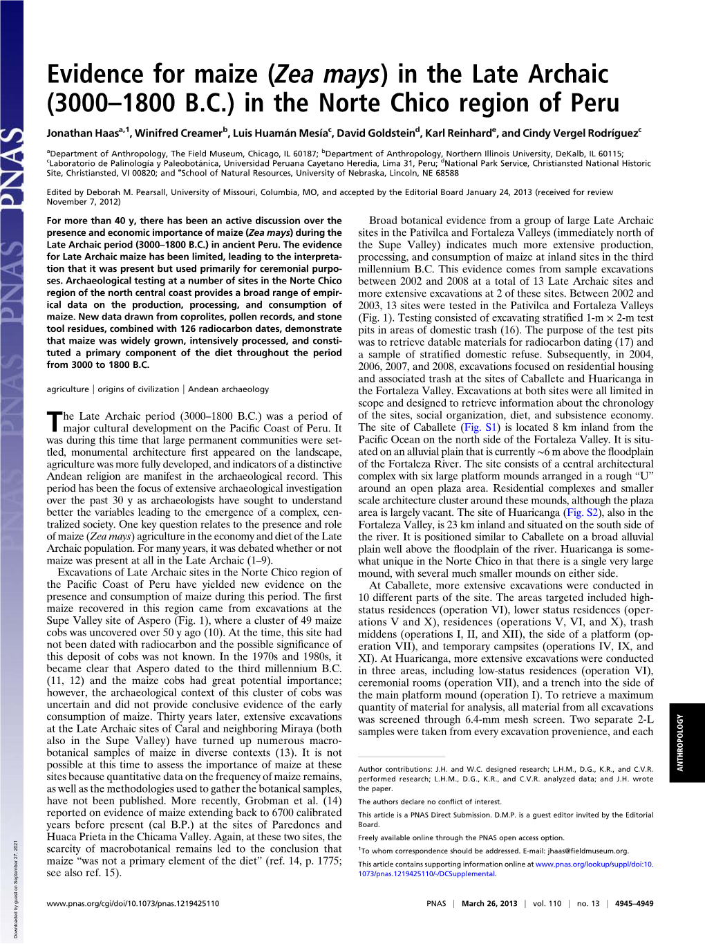 (Zea Mays) in the Late Archaic (3000–1800 B.C.) in the Norte Chico Region of Peru